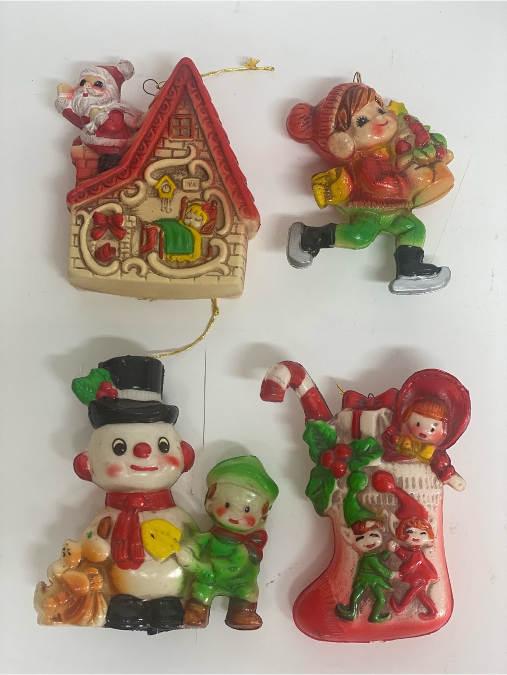 4 Vintage Blow Mold Hollow Plastic Christmas Ornament Lot Japan MCM Nostalgic